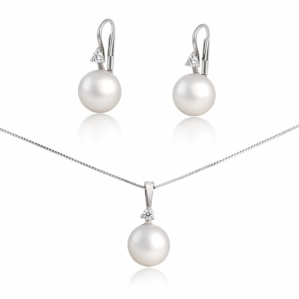 Stříbrná souprava s perlou Swarovski® 10mm a zirkonem