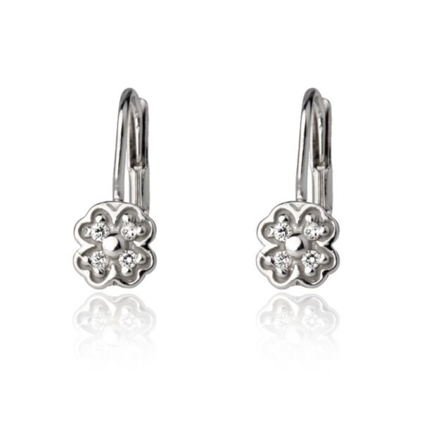 Stříbrné dětské náušnice čtyřlístek s čirými zirkony