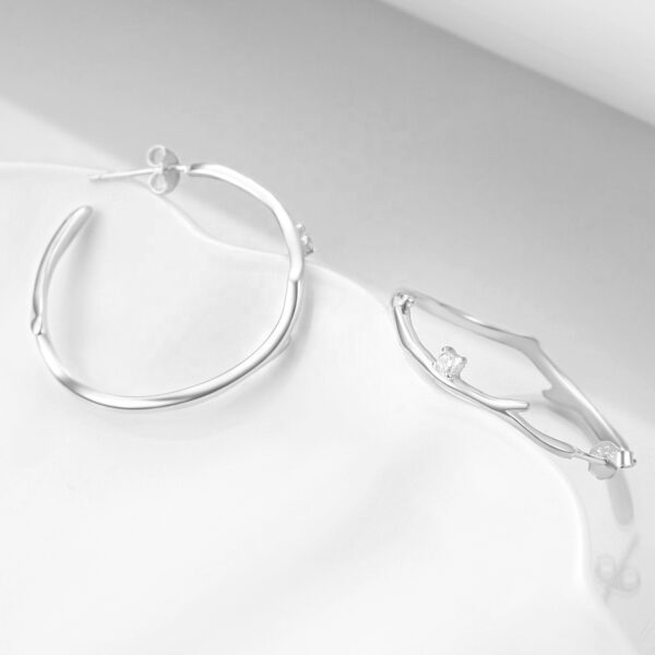 Detail dámských stříbrných náušnic zdobených kruhů se zirkony