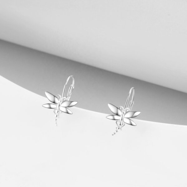 Přední pohled na dámské klapkové stříbrné náušnice vážky