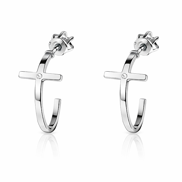 Stříbrné rhodiované náušnice s křížkem a zirkonem