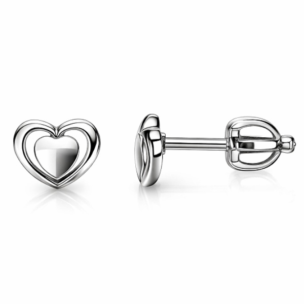 Detailní pohled na stříbrné dětské náušnice dvojité srdíčko na šroubek