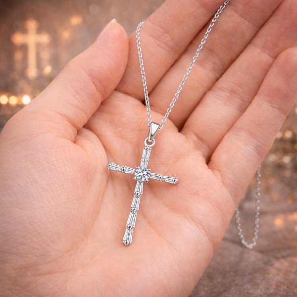Stříbrný přívěsek větší kříž plně osazený zirkony v dlani